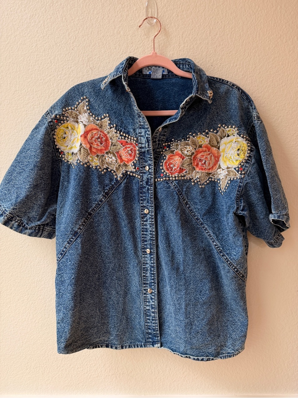 Vintage Betty Blue Floral Studded Denim Button Up Shirt Medium 90s 100% Cotton